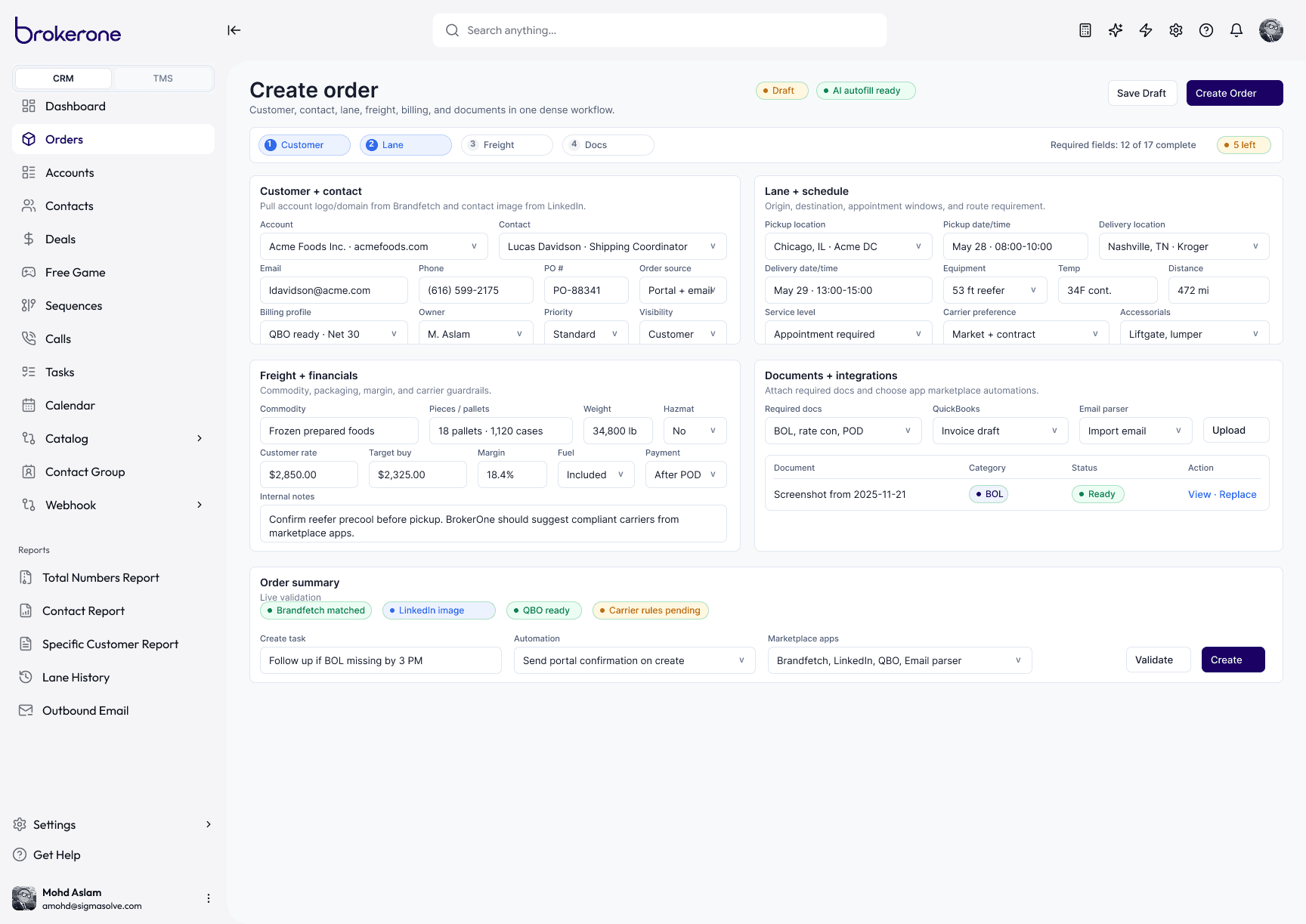 BrokerOne create order workspace showing a unified TMS and CRM order screen